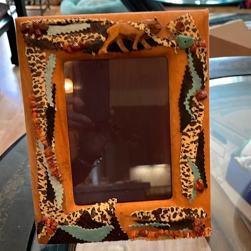 Picture frame- one of a kind hand made suede glass wood beads- carving cat